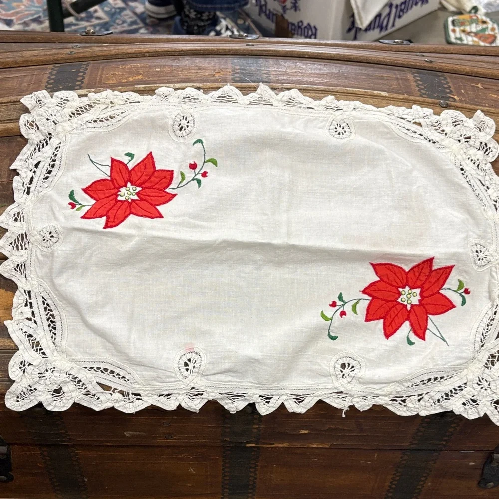 Embroidered Lace Table Runner with Red Pointsettia